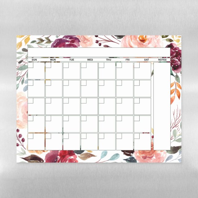 Marsala Peach Floral Monthly Planner Calendar Magnetic Dry Erase Sheet (Horizontal)