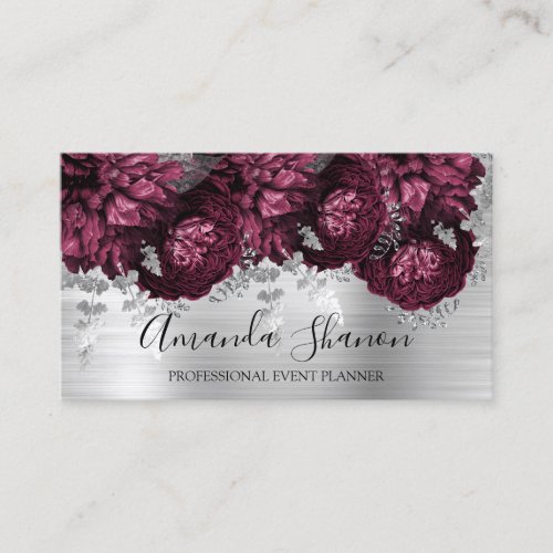  Marsala Peony Flowers Silver Logo Event Planner  Business Card
