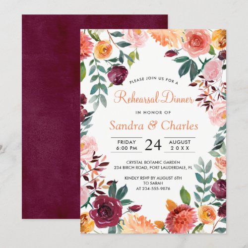 Marsala Pink Botanical Rehearsal Dinner Card