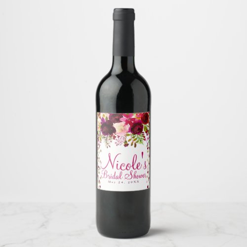 Marsala Pink Floral Gold Burgundy Bold Wedding Wine Label