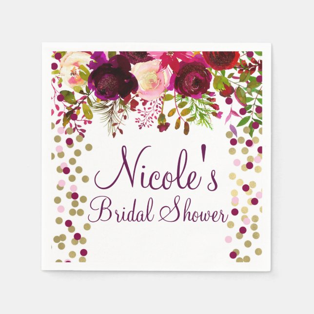 Marsala Pink Floral Gold Burgundy Bridal Shower Napkins (Front)