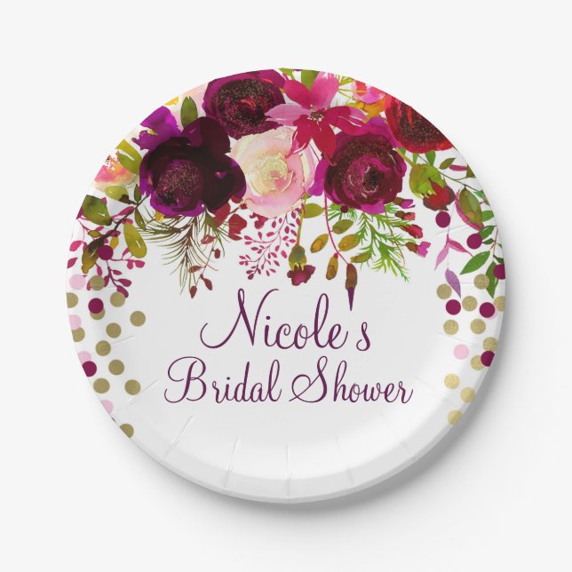 Marsala Pink Floral Gold Burgundy Bridal Shower Paper Plates (Front)