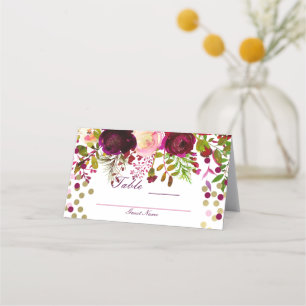 Marsala Pink Floral Gold Burgundy Table Seating Place Card