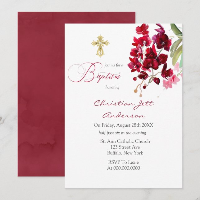 Marsala Pink Floral Gold Cross Baptism Invitation (Front/Back)