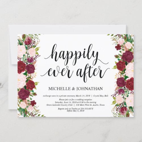 Marsala pink floral Happily ever after Elopement Invitation