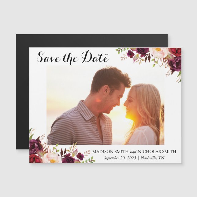 Marsala Pink Floral Photo Save The Date Magnets (Front/Back)