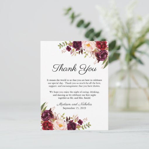 Marsala & Pink Floral Place Setting Thank You Card | Zazzle