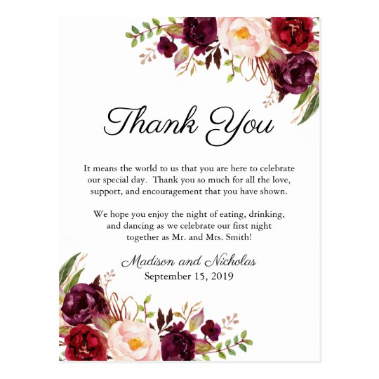 Marsala & Pink Floral Place Setting Thank You Card | Zazzle.com