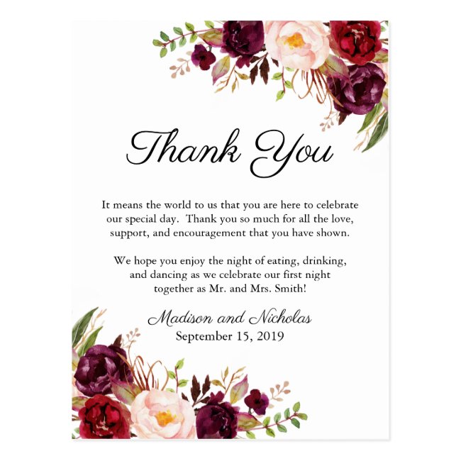 Marsala & Pink Floral Place Setting Thank You Card