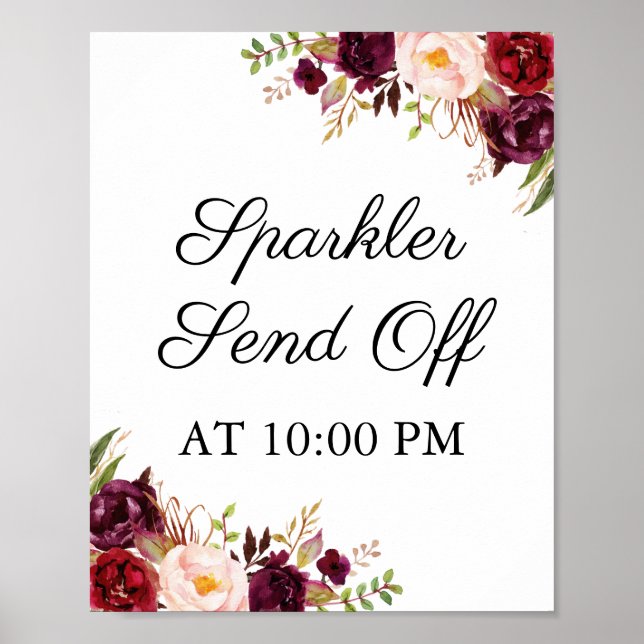 Marsala Pink Floral Sparkler Send Off Sign Poster (Front)
