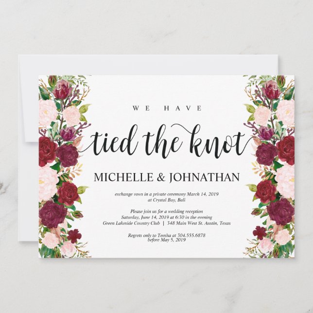 Marsala pink floral, We tied the knot, Elopement Invitation (Front)