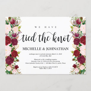 Marsala pink floral, We tied the knot, Elopement Invitation