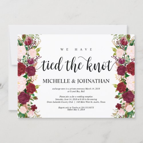 Marsala pink floral We tied the knot Elopement Invitation