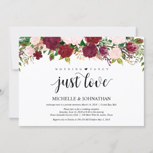 Marsala Pink floral Wedding Elopement Reception Invitation