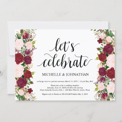 Marsala pink floral wedding Elopement Reception Invitation