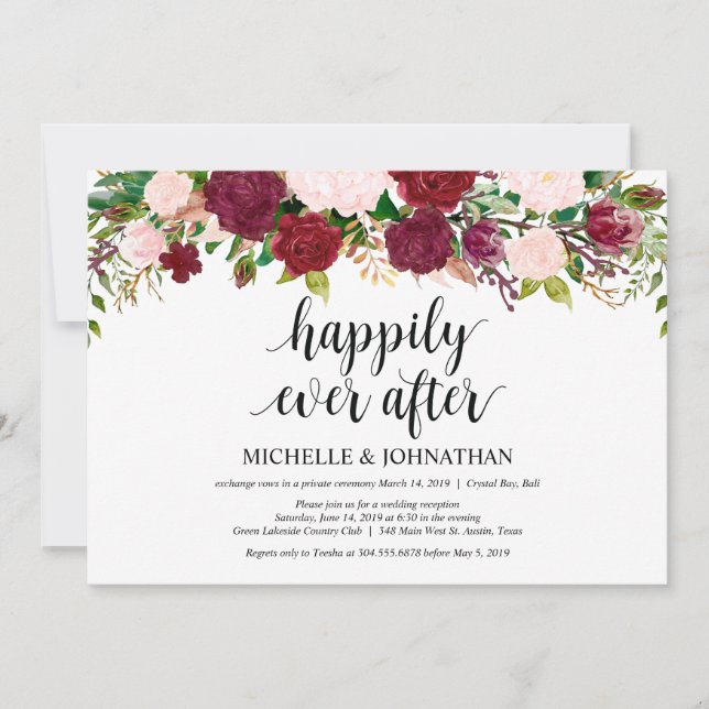 Marsala Pink floral Wedding Elopement Reception Invitation (Front)