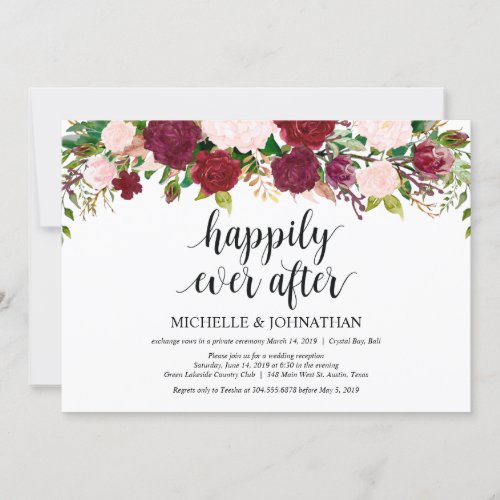 Marsala Pink floral Wedding Elopement Reception Invitation