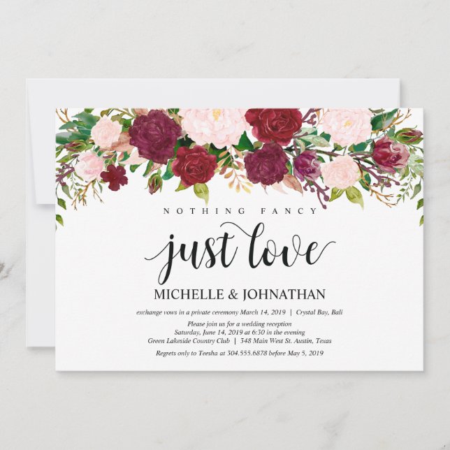 Marsala Pink floral Wedding Elopement Reception Invitation (Front)
