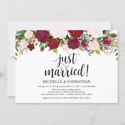 Marsala Pink floral Wedding Elopement Reception Invitation