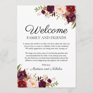 Marsala & Pink Floral Wedding Hotel Welcome Cards