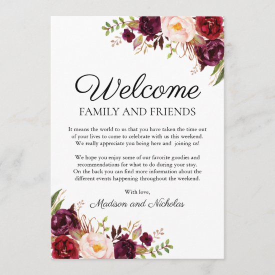 Marsala & Pink Floral Wedding Hotel Welcome Cards