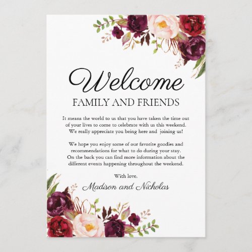 Marsala  Pink Floral Wedding Hotel Welcome Cards