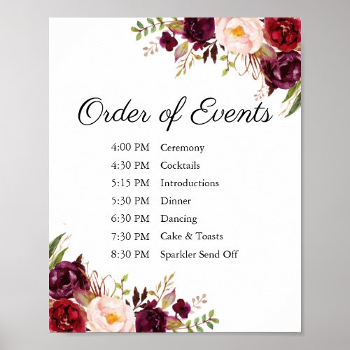 Marsala Pink Floral Wedding Order of Events Sign