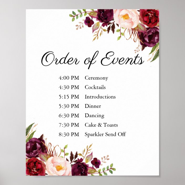 Marsala Pink Floral Wedding Order of Events Sign | Zazzle