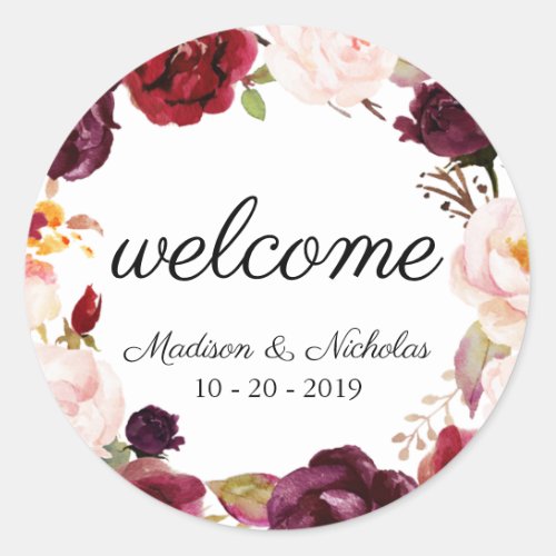 Marsala Pink Floral Wedding Welcome Stickers