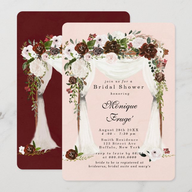 Marsala Pink Floral white Canopy Bridal Shower Invitation (Front/Back)