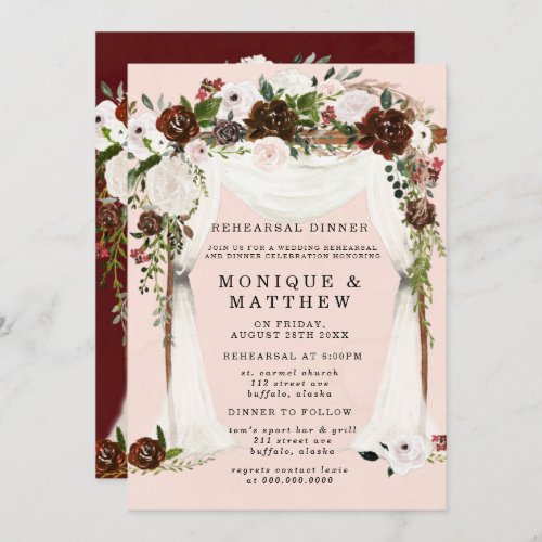 Marsala Pink Floral White Canopy Rehearsal Dinner  Invitation