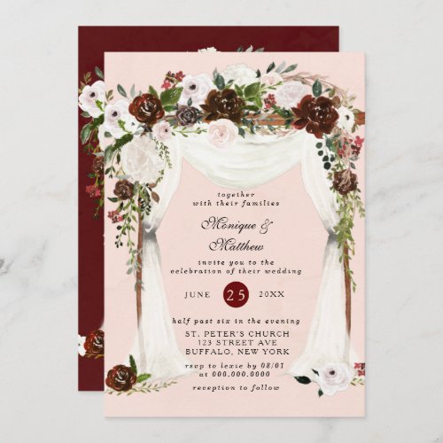 Marsala Pink Floral White Canopy Rustic Wedding  I Invitation