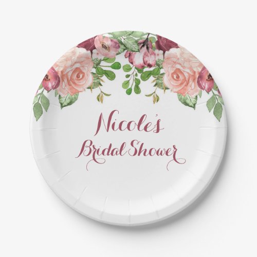Marsala Pink Flowers Floral Bridal Shower Elegant Paper Plates