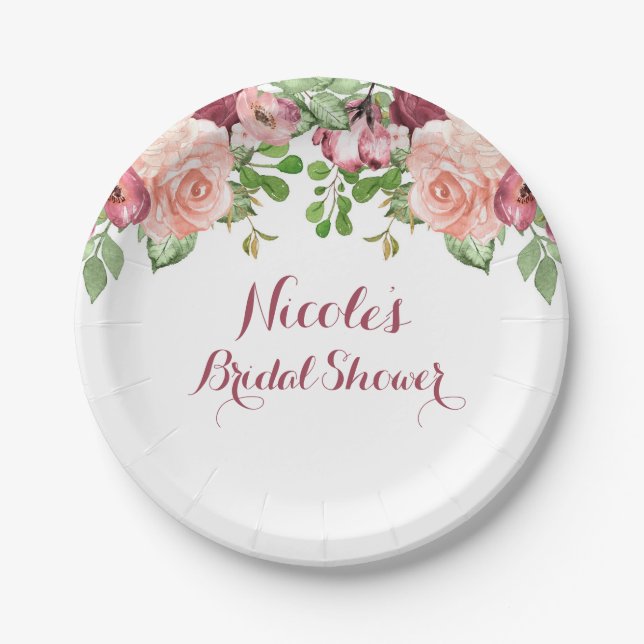 Marsala Pink Flowers Floral Bridal Shower Elegant Paper Plates (Front)