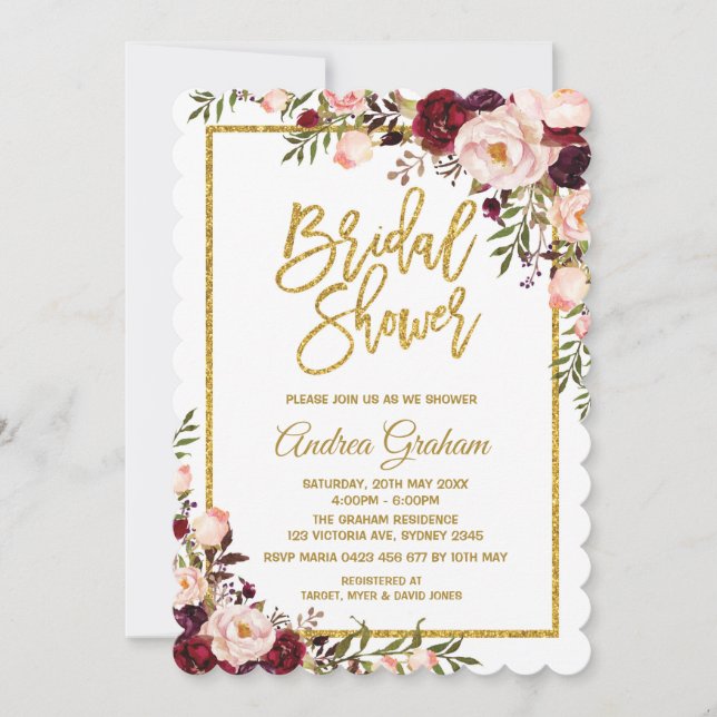 Marsala Pink Gold Floral Bridal Shower Invite (Front)