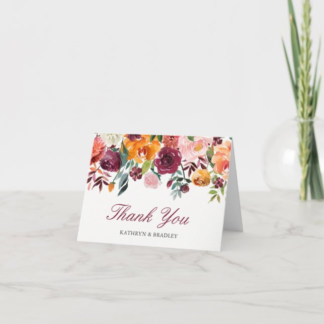 Marsala Pink Orange Blossom Flowers Thank You Card (Front)