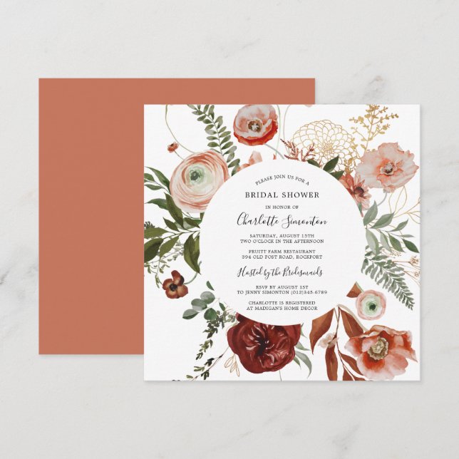 Marsala Pink Orange Floral Bridal Shower Invitation (Front/Back)