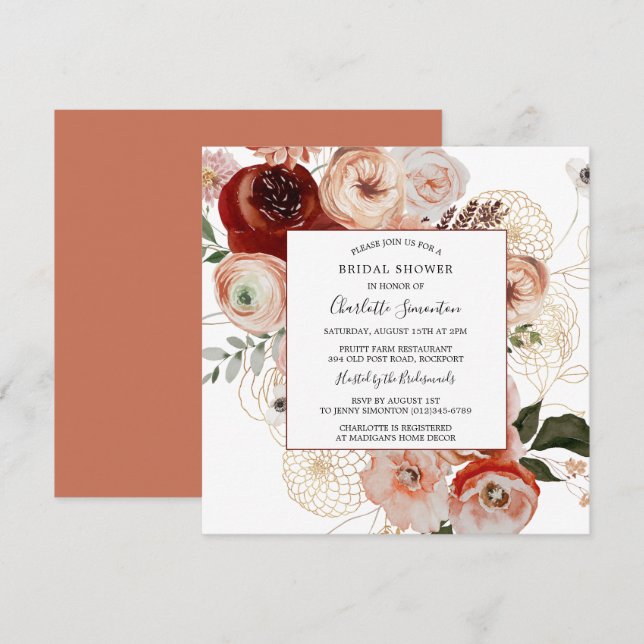 Marsala Pink Orange Floral Bridal Shower Invitation (Front/Back)