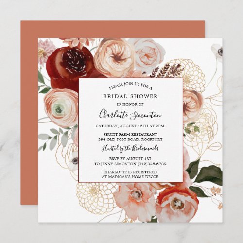 Marsala Pink Orange Floral Bridal Shower Invitation