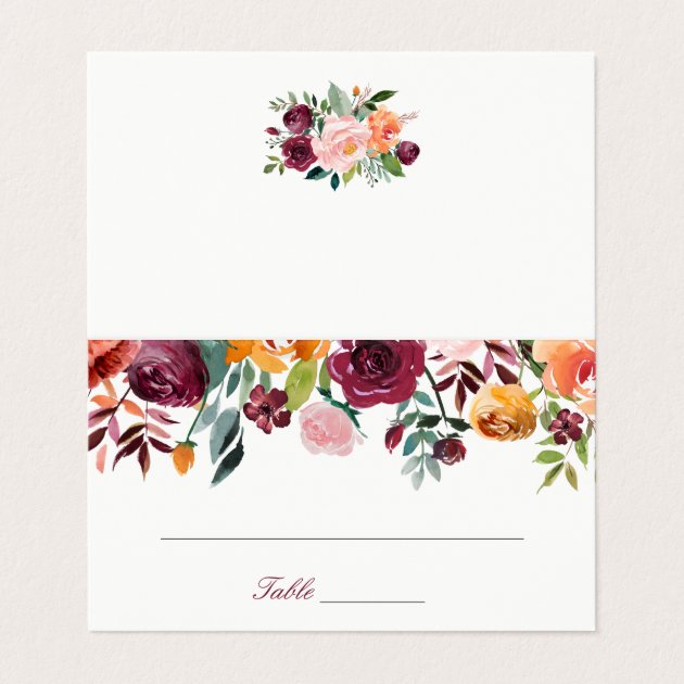 Marsala Pink Orange Flowers Wedding Place Card