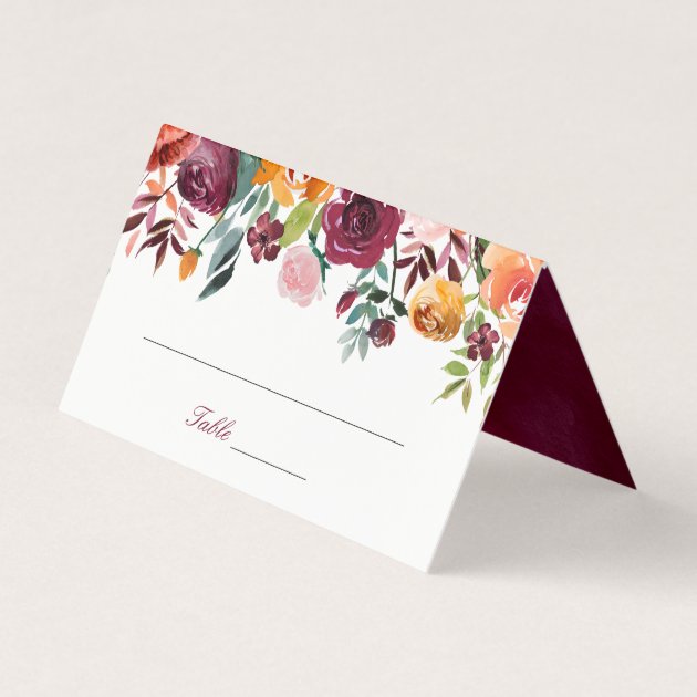 Marsala Pink Orange Flowers Wedding Place Card