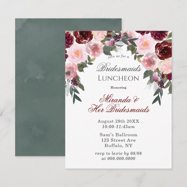 Marsala Pink Painted Peony Bridesmaids Luncheon In Invitation (Front/Back)