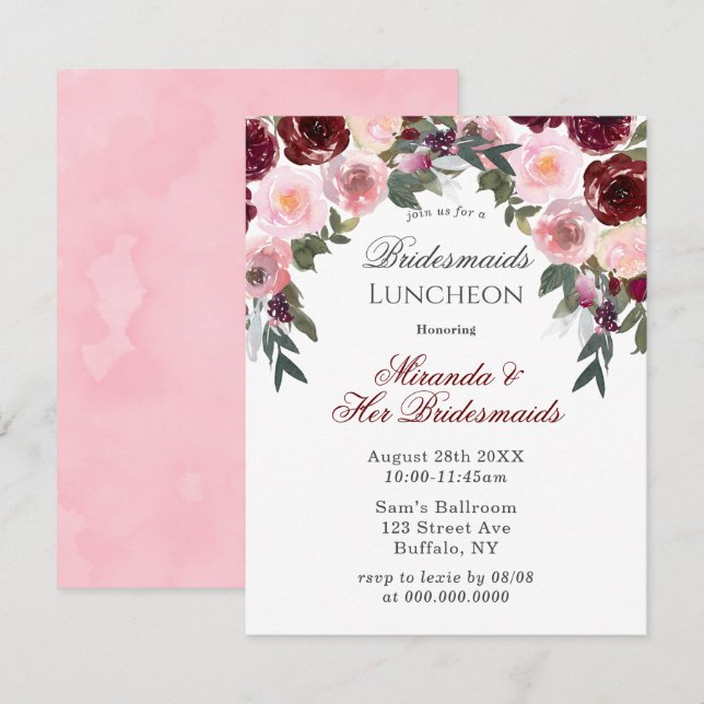 Marsala Pink Painted Peony Bridesmaids Luncheon In Invitation (Front/Back)