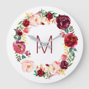 marsala pink red watercolor flowers monogram large clock
