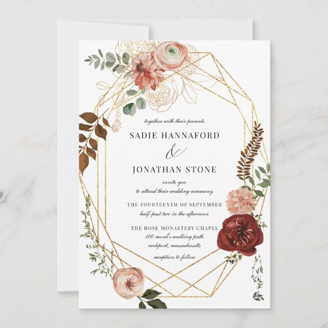 Marsala Pink Terracotta Floral Geometric Wedding Invitation (Front)