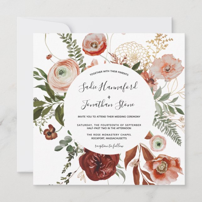 Marsala Pink Terracotta Orange Floral Wedding  Inv Invitation (Front)