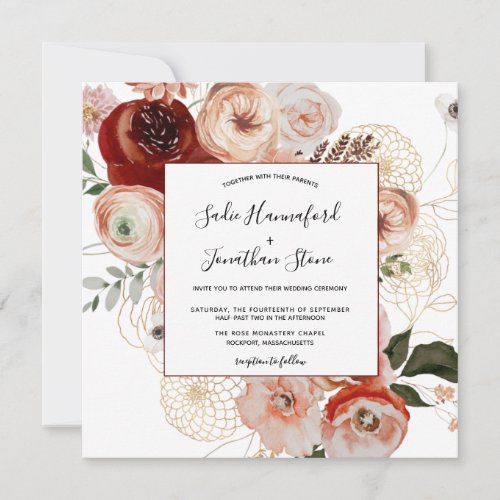 Marsala Pink Terracotta Orange Floral Wedding  Inv Invitation