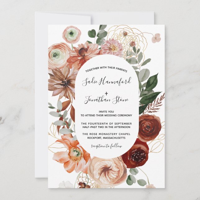 Marsala Pink Terracotta Orange Floral Wedding  Invitation (Front)