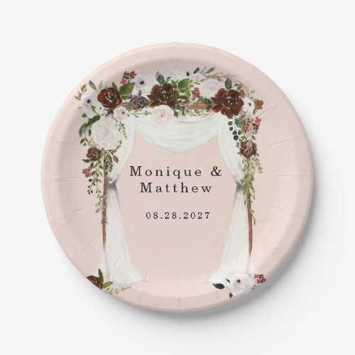 Marsala Pink Watercolor Floral Canopy Wedding Paper Plates