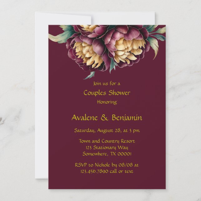 Marsala Red and Gold Peony Couples Shower Invitation (Front)